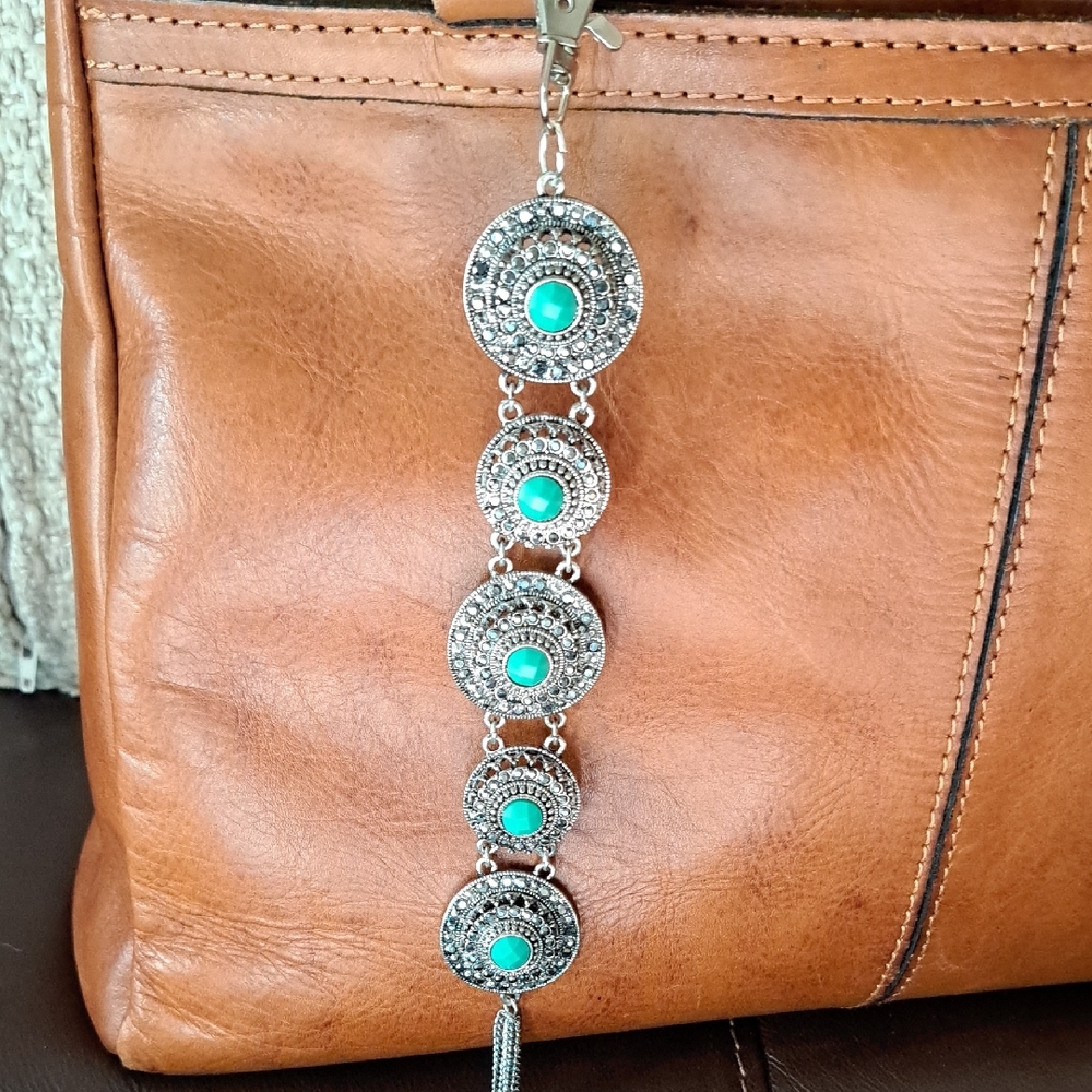 Hand Crafted Silver and Faux Turquoise Bag Jewelry Charm Purse Tote Decoration